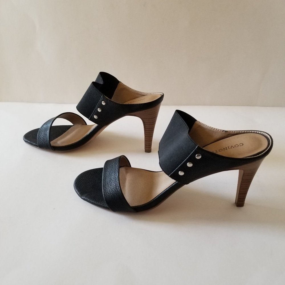 Covington Black Heeled Leather Sandals, Slip-On Mule (size 9.5)